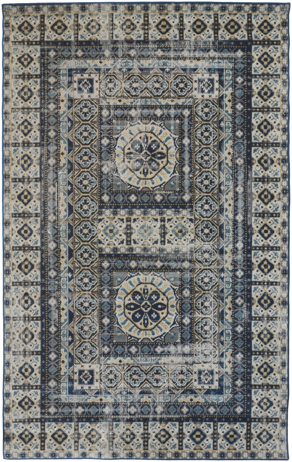 5' X 8' Ivory Tan And Blue Abstract Power Loom Distressed Stain Resistant Area Rug-514626-1