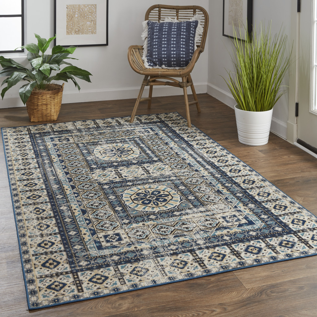 10' X 13' Ivory Tan And Blue Abstract Power Loom Distressed Stain Resistant Area Rug-514629-2