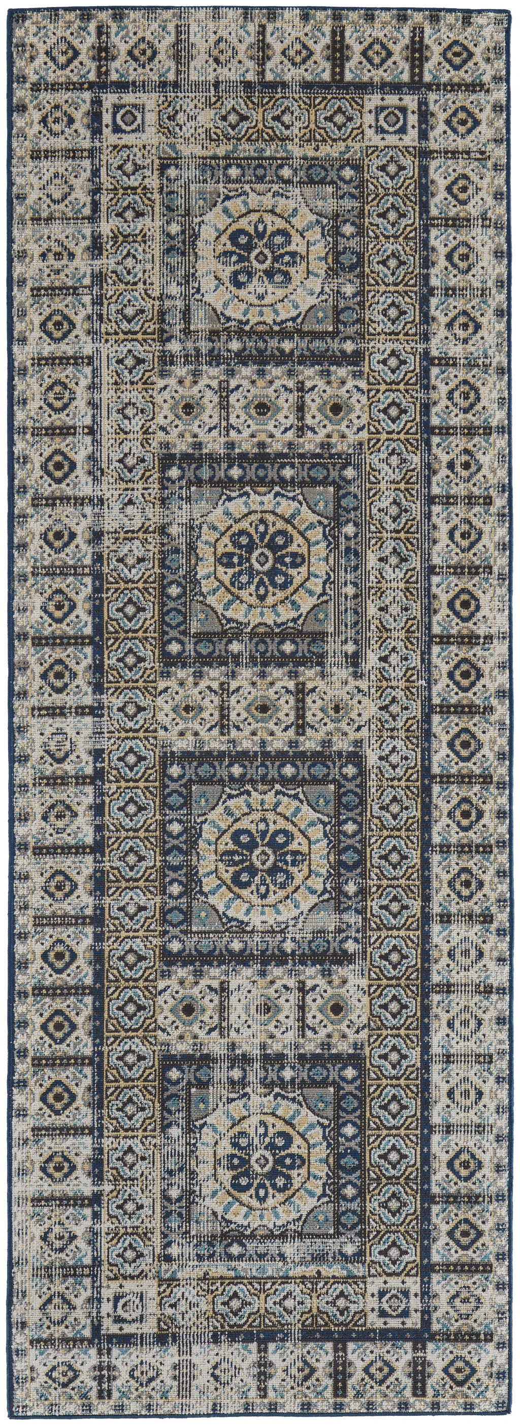 8' Ivory Tan And Blue Abstract Power Loom Distressed Stain Resistant Runner Rug-514630-1