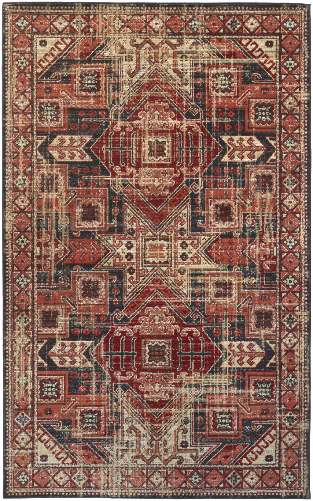 8' X 11' Red Tan And Black Abstract Power Loom Distressed Stain Resistant Area Rug-514635-1