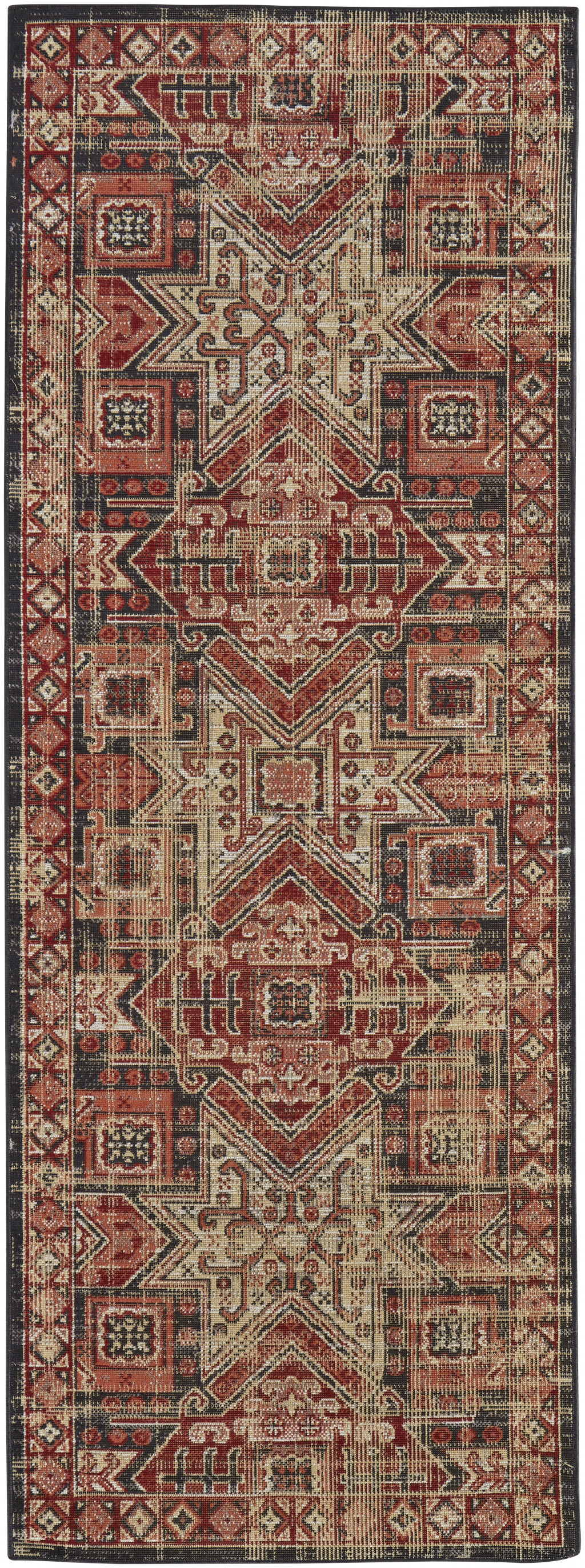 8' Red Tan And Black Abstract Power Loom Distressed Stain Resistant Runner Rug-514637-1