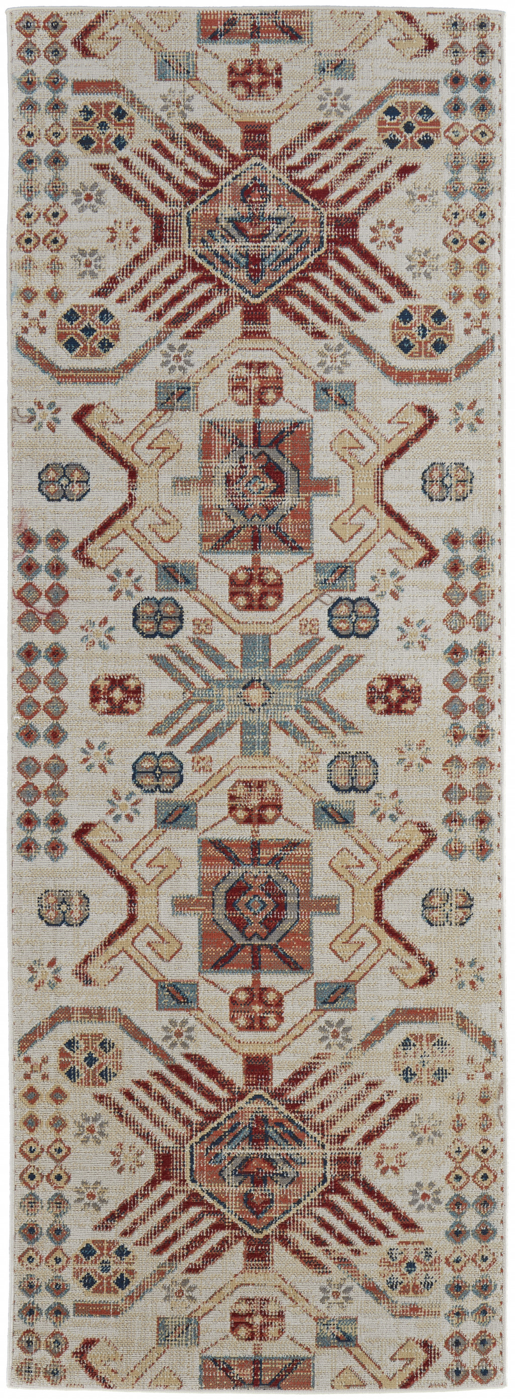 8' Ivory Red And Tan Abstract Power Loom Distressed Stain Resistant Runner Rug-514650-1