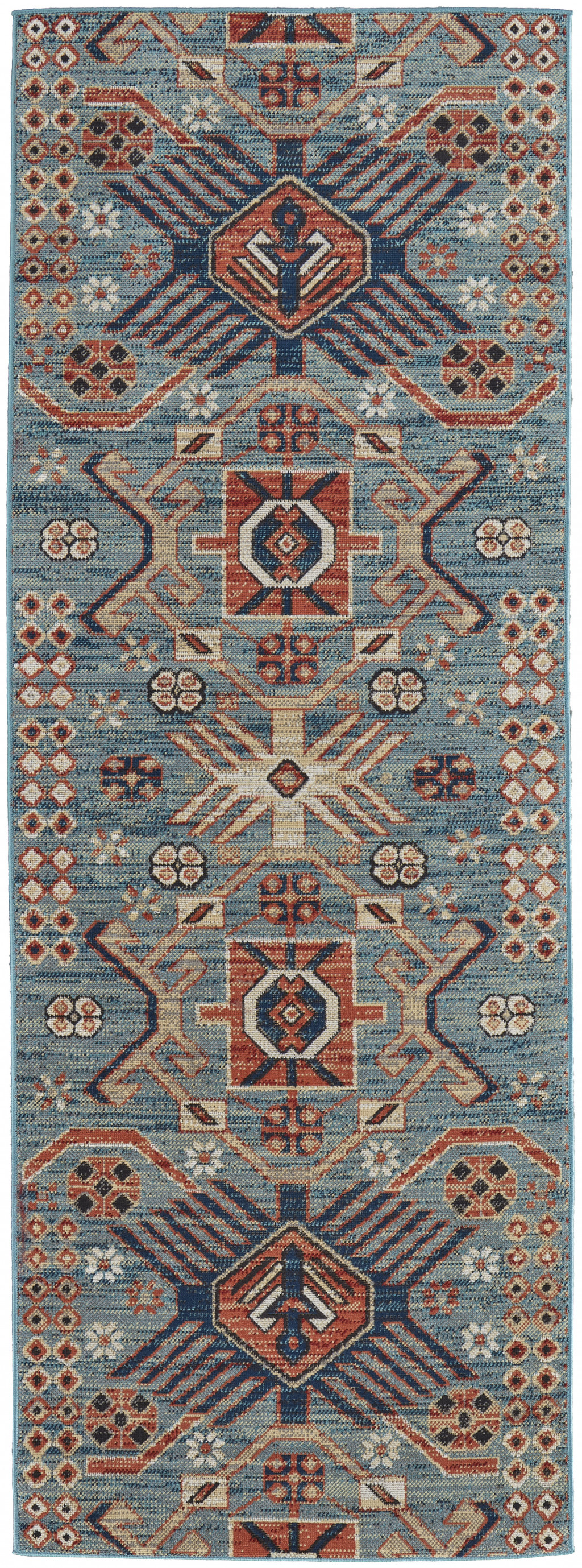 8' Blue Red And Tan Abstract Power Loom Distressed Stain Resistant Runner Rug-514657-1