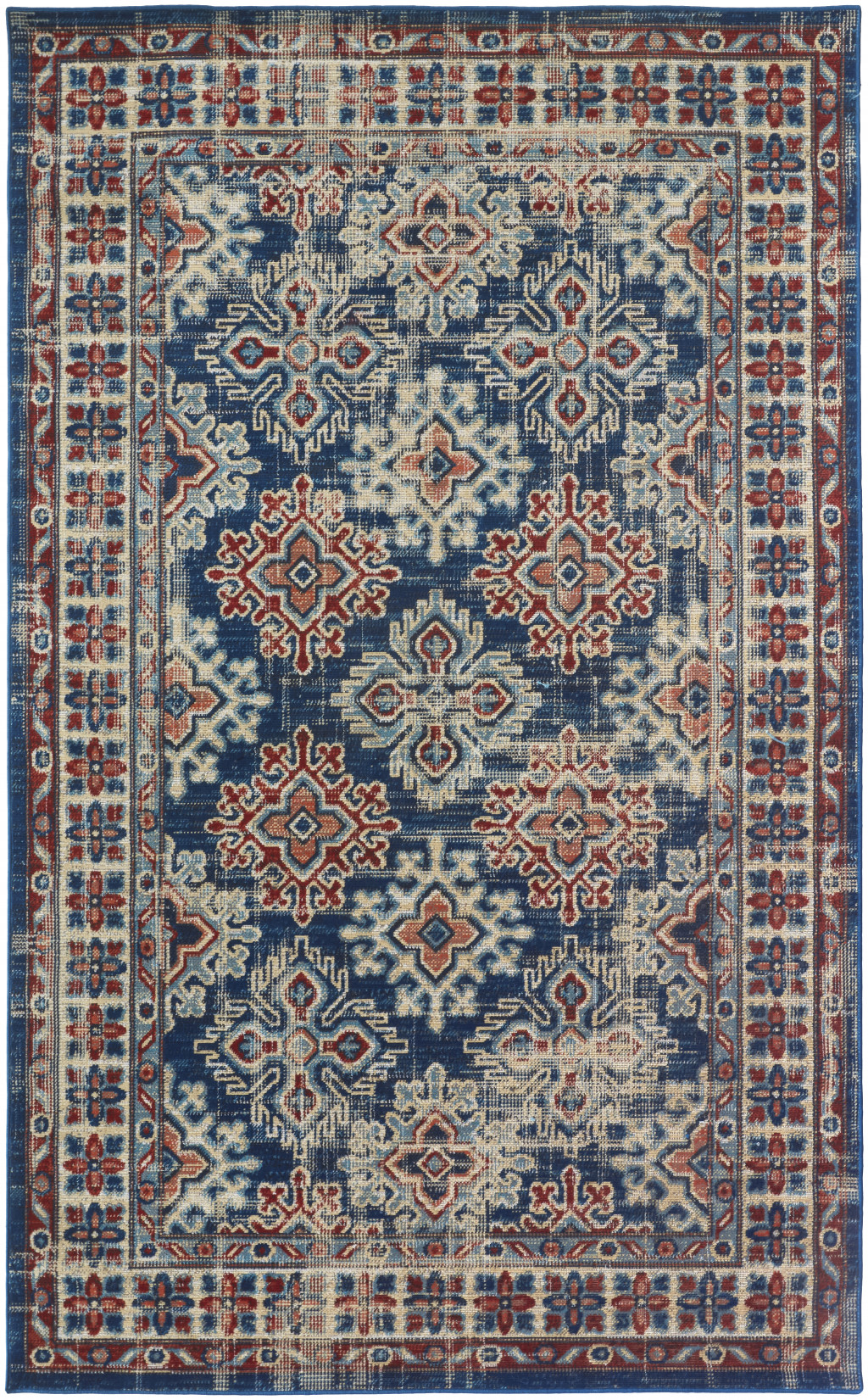 7' X 10' Blue Red And Ivory Abstract Power Loom Distressed Stain Resistant Area Rug-514661-1