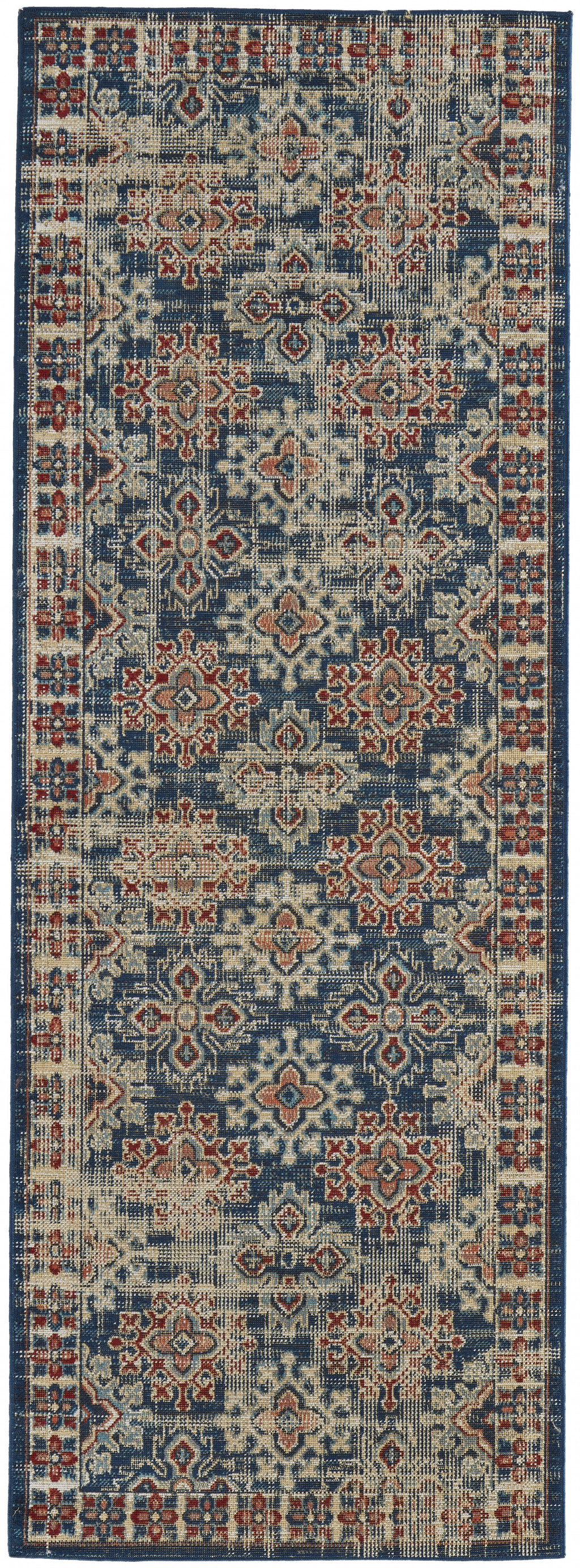 8' Blue Red And Ivory Abstract Power Loom Distressed Stain Resistant Runner Rug-514664-1