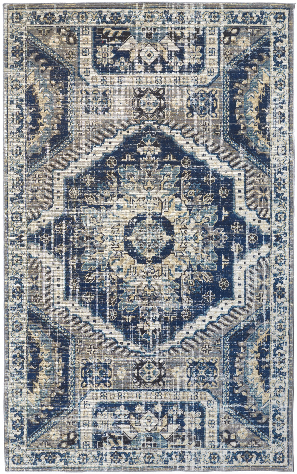 7' X 10' Blue And Ivory Abstract Power Loom Distressed Stain Resistant Area Rug-514668-1