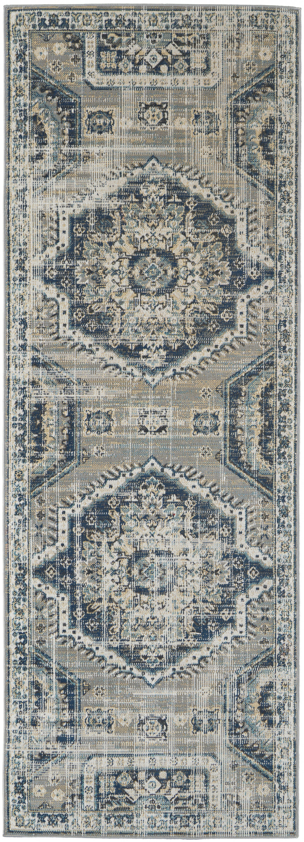 8' Blue And Ivory Abstract Power Loom Distressed Stain Resistant Runner Rug-514671-1
