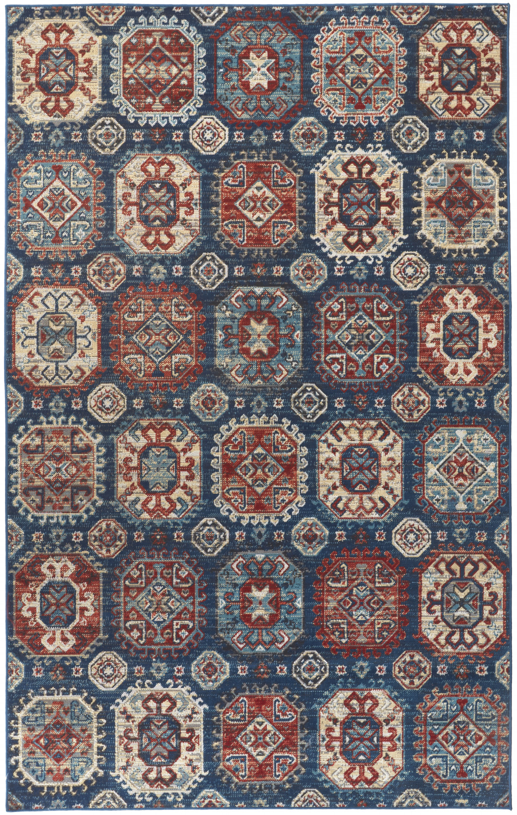 7' X 10' Blue Red And Tan Abstract Power Loom Distressed Stain Resistant Area Rug-514682-1