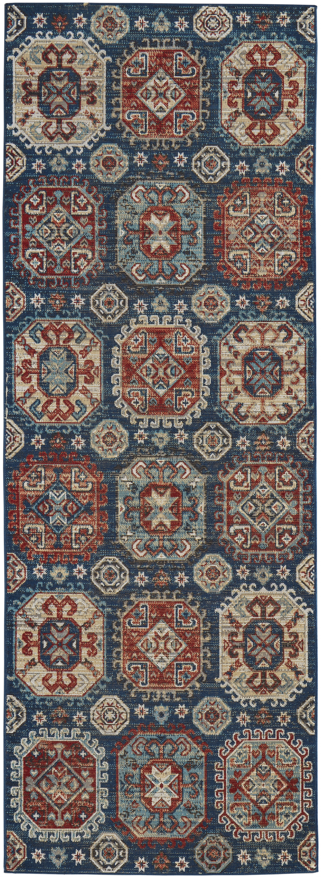 8' Blue Red And Tan Abstract Power Loom Distressed Stain Resistant Runner Rug-514685-1
