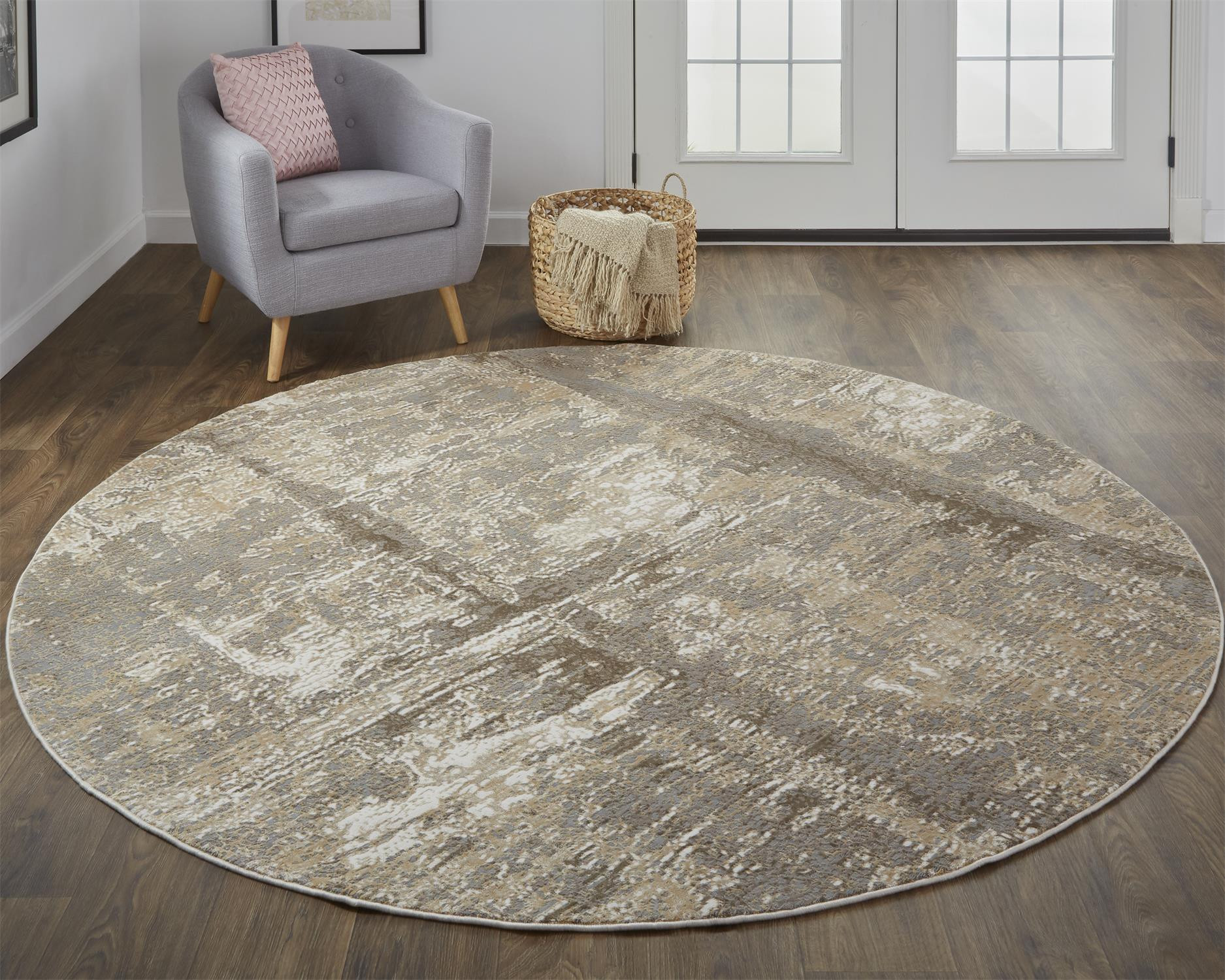 8" Tan and Ivory Abstract Non Skid Round Rug