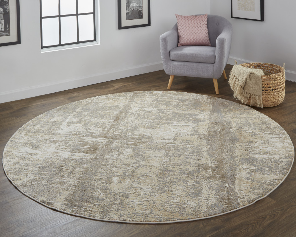 8" Tan and Ivory Abstract Non Skid Round Rug