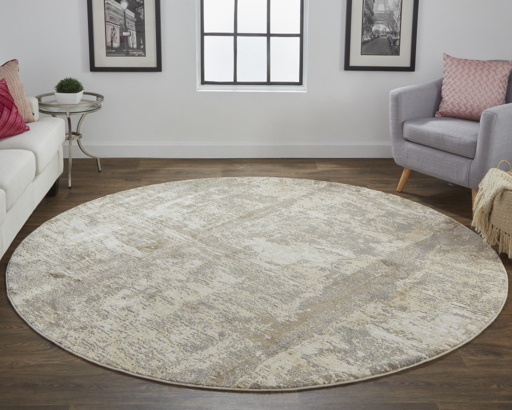 8" Tan and Ivory Abstract Non Skid Round Rug
