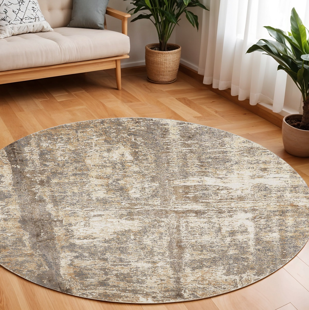 8" Tan and Ivory Abstract Non Skid Round Rug