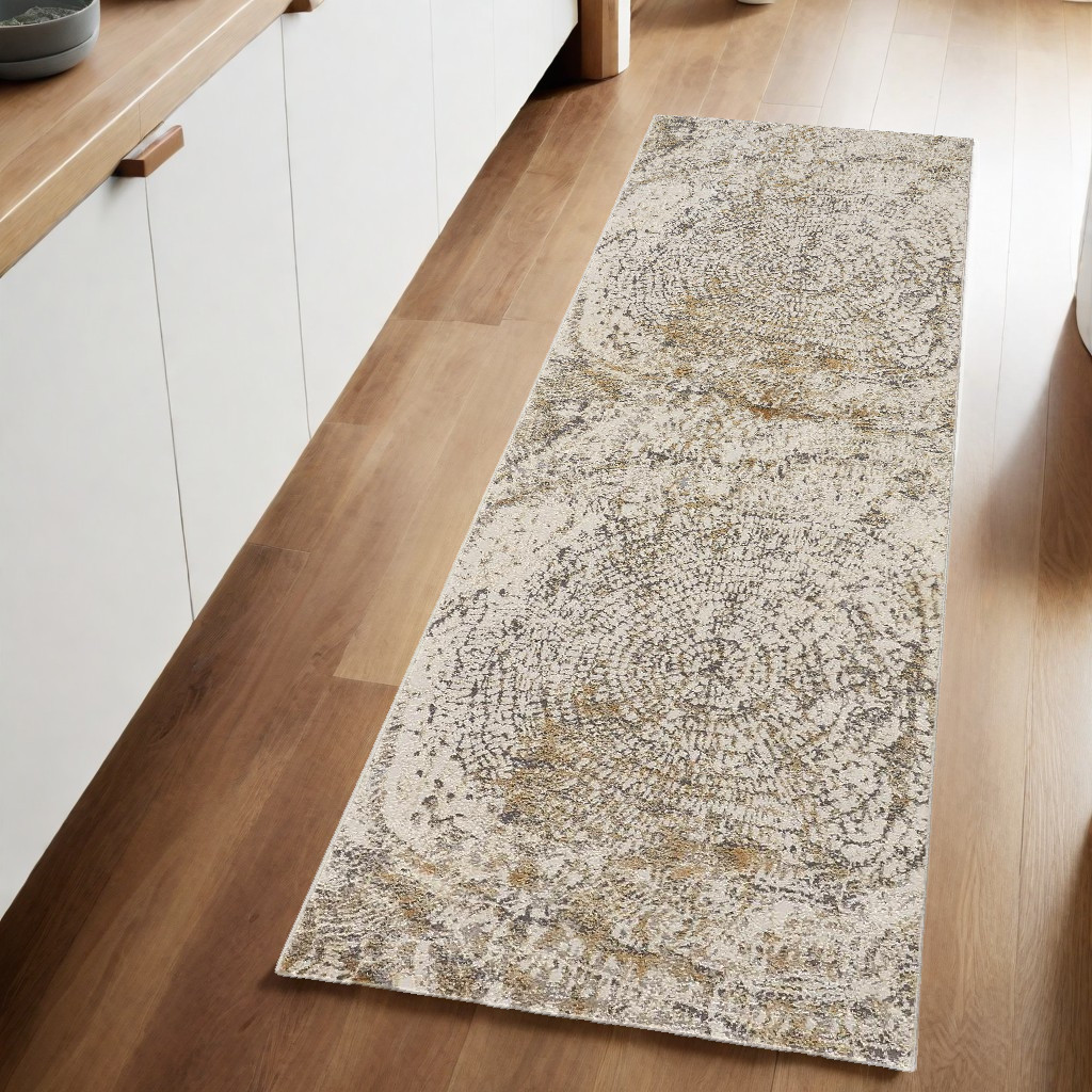8" Brown and Ivory Abstract Distressed Runner Rug