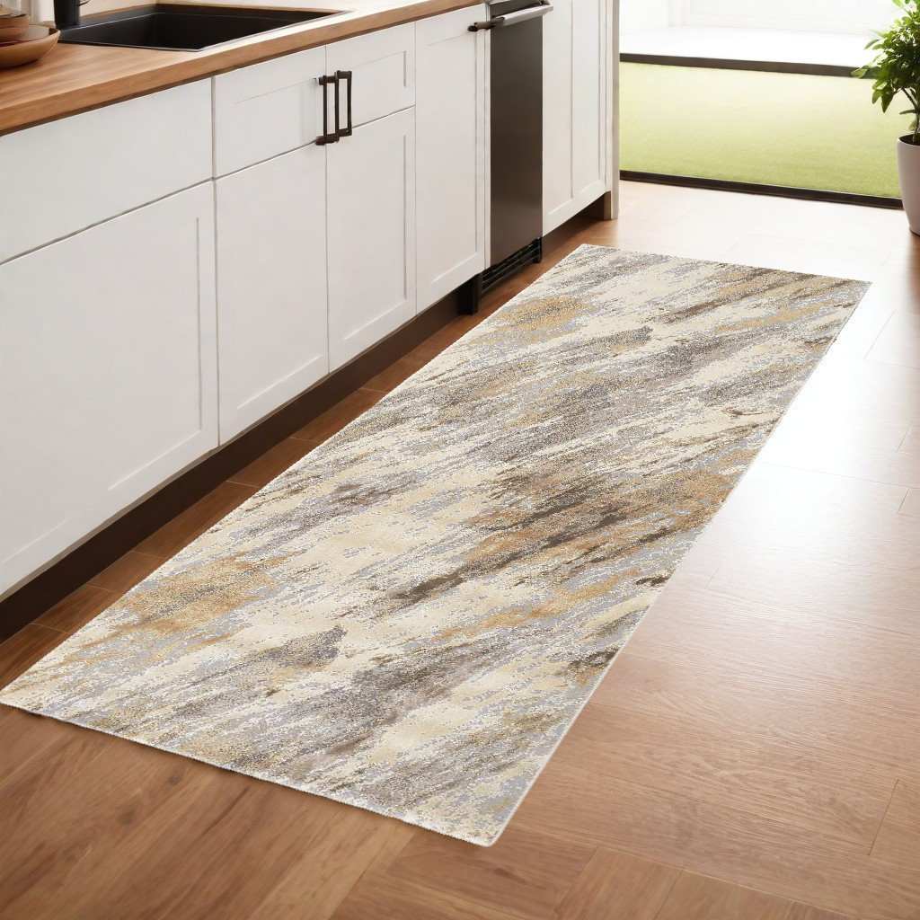 8" Brown and Ivory Abstract Distressed Runner Rug