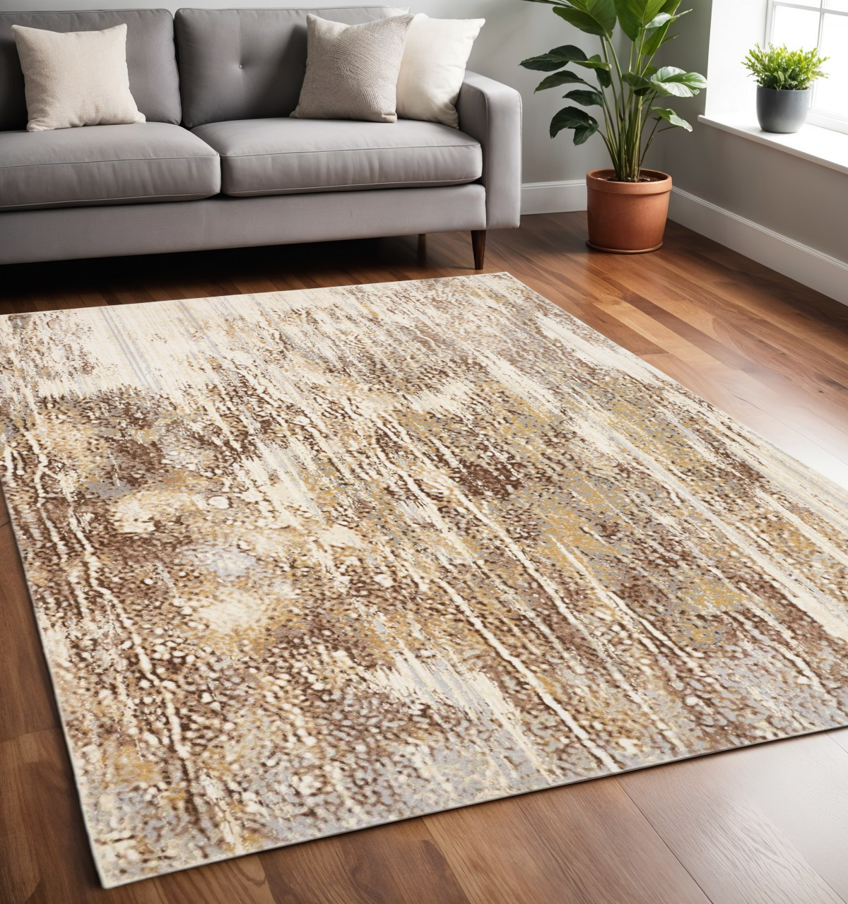 5" X 8" Tan and Ivory Abstract Non Skid Area Rug