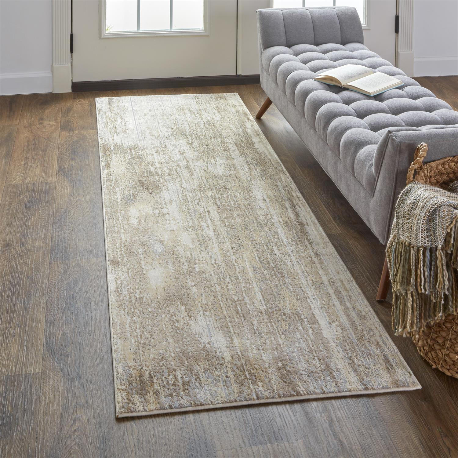 8" Tan and Ivory Abstract Non Skid Runner Rug