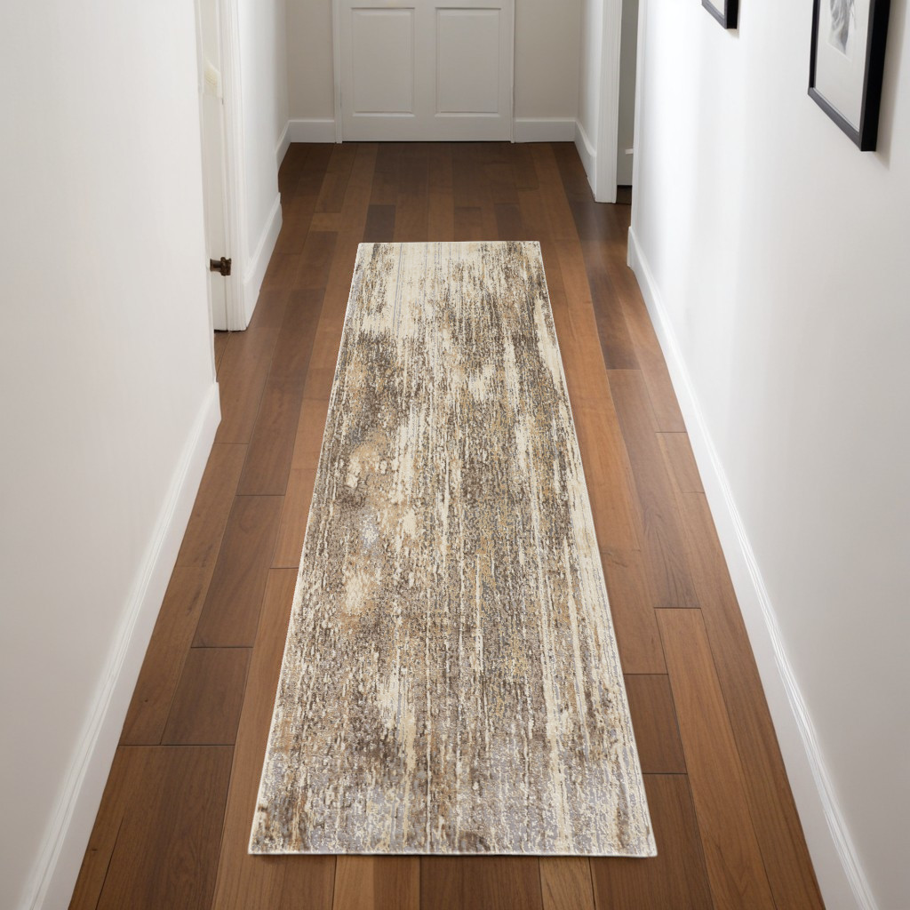 8" Tan and Ivory Abstract Non Skid Runner Rug