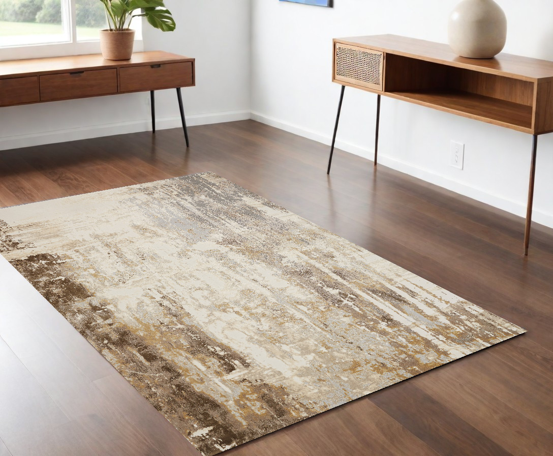 4" X 6" Tan Ivory And Gray Abstract Area Rug