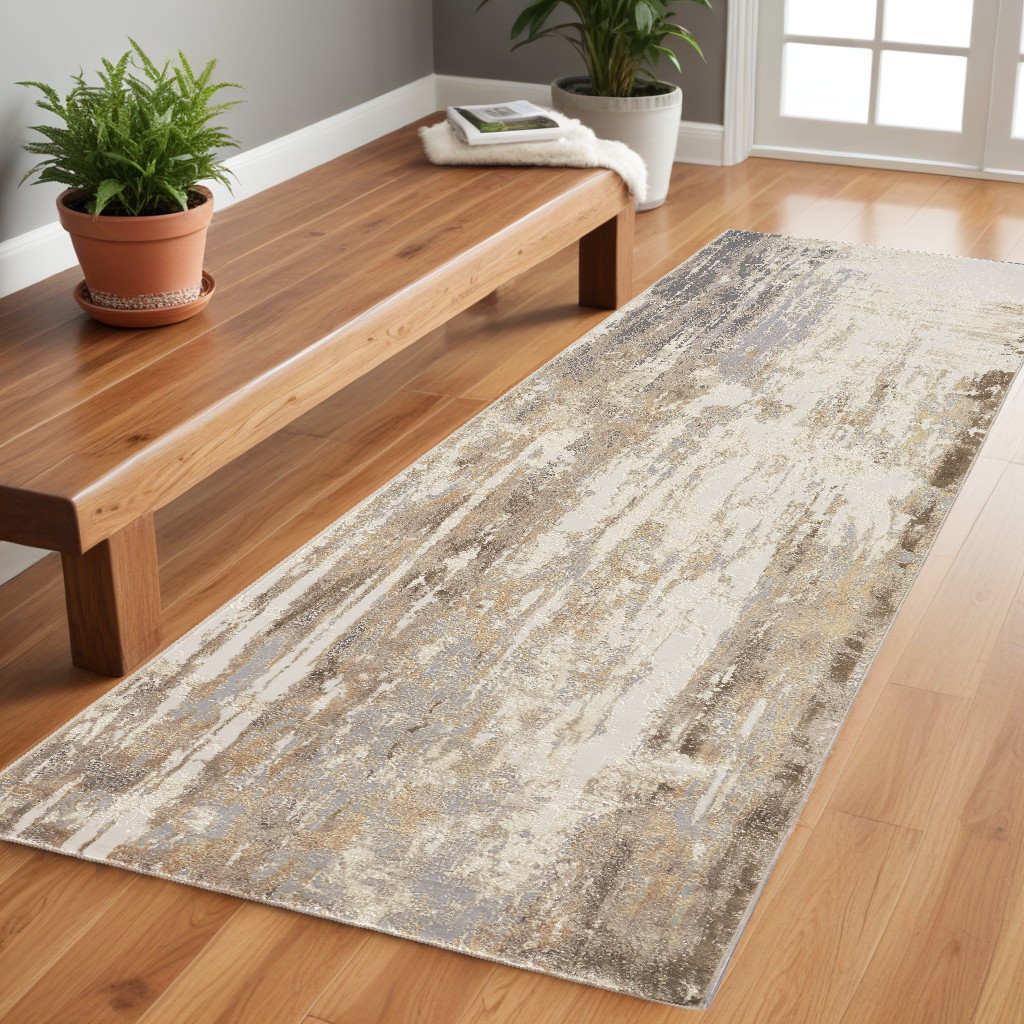8" Tan Ivory And Gray Abstract Runner Rug
