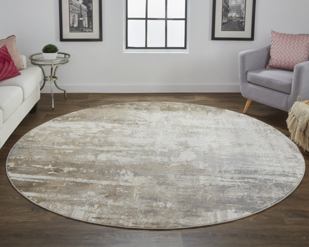 8" Tan Ivory And Gray Round Abstract Area Rug