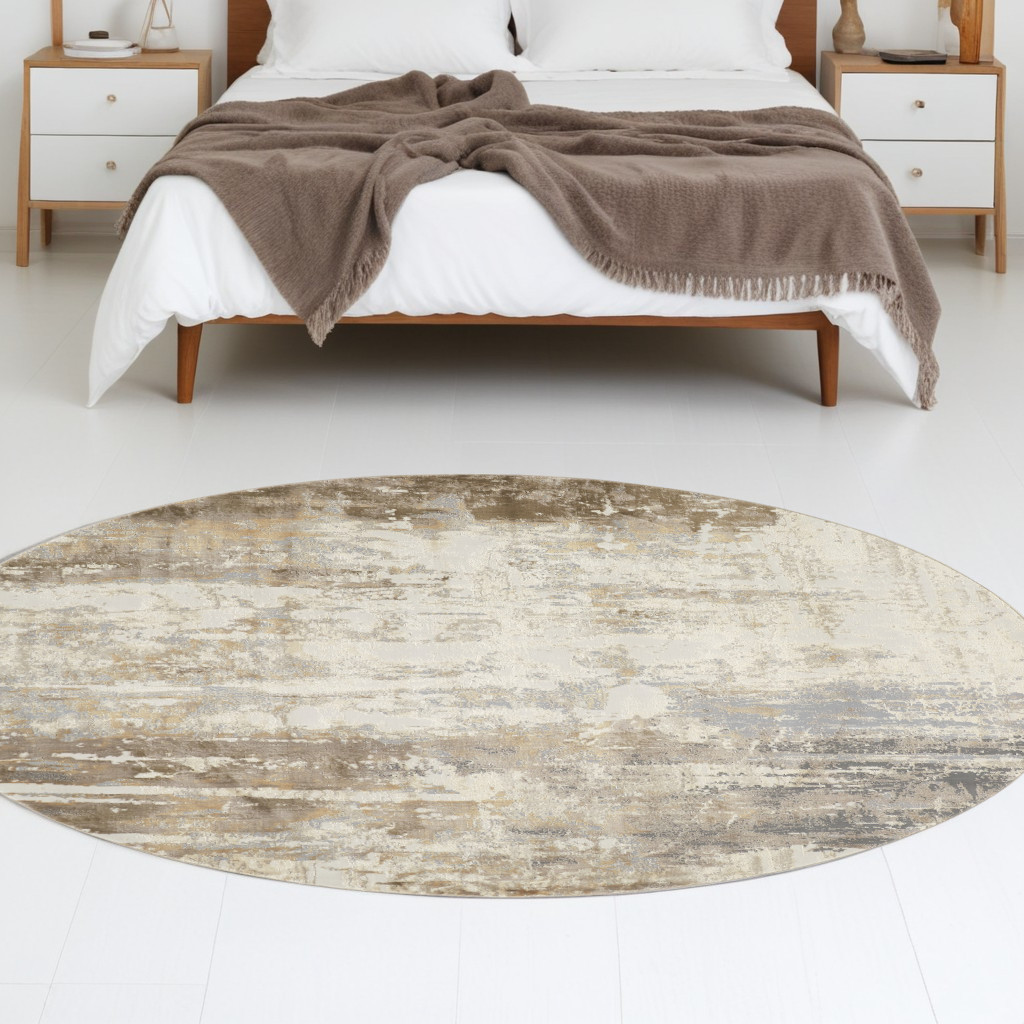 8" Tan Ivory And Gray Round Abstract Area Rug