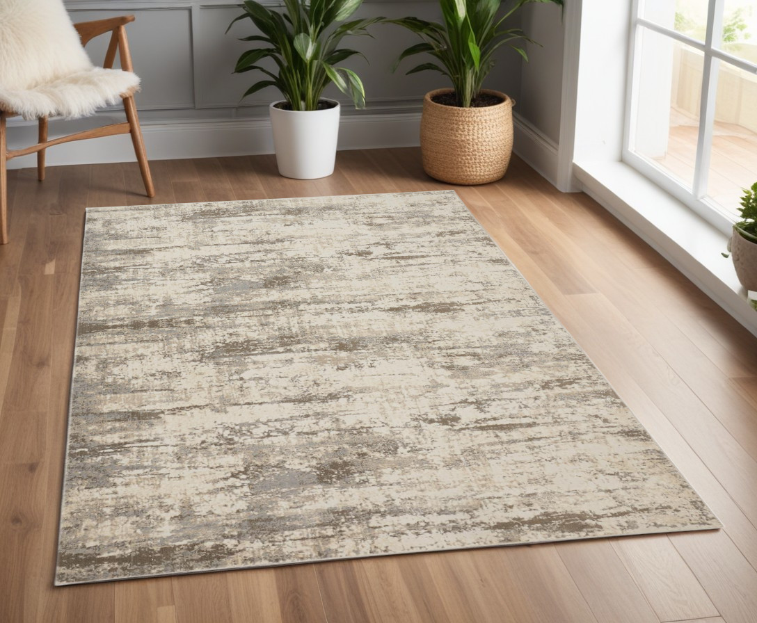 4" X 6" Brown and Ivory Abstract Non Skid Area Rug
