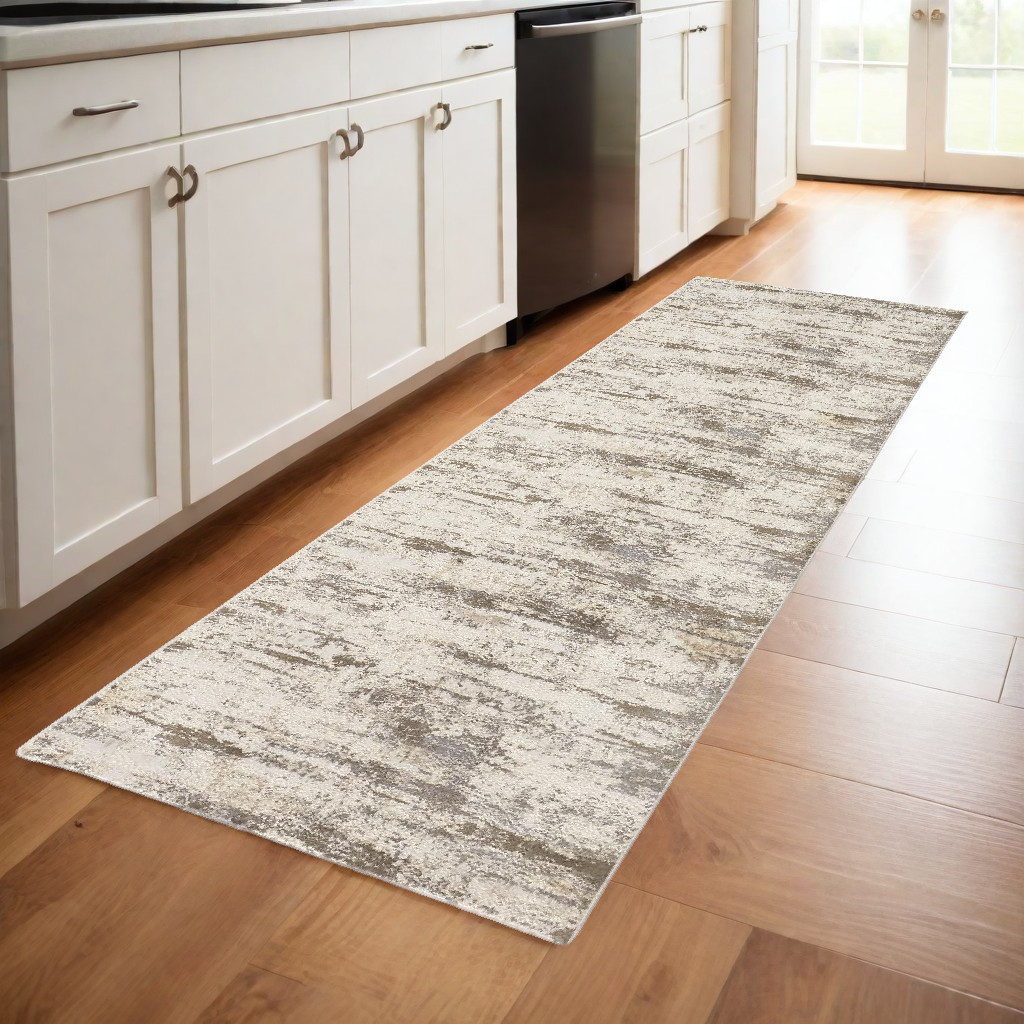 8" Brown and Ivory Abstract Distressed Runner Rug
