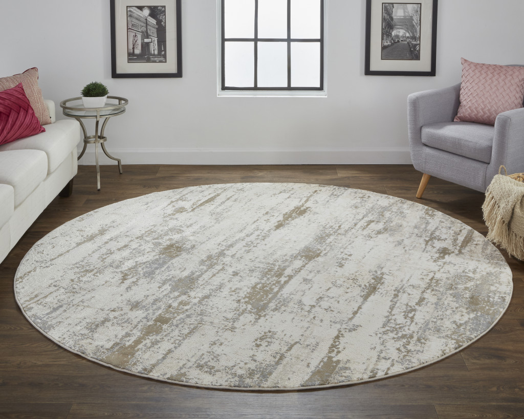 8" Brown and Ivory Abstract Non Skid Round Rug