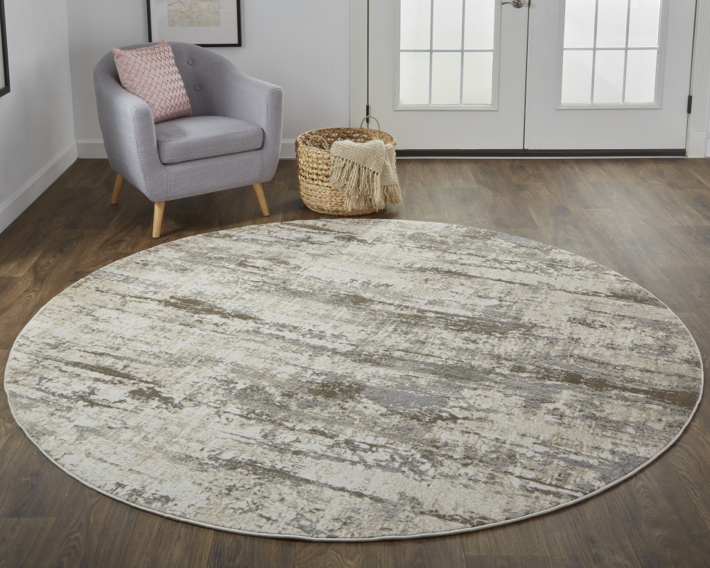 8" Brown and Ivory Abstract Non Skid Round Rug