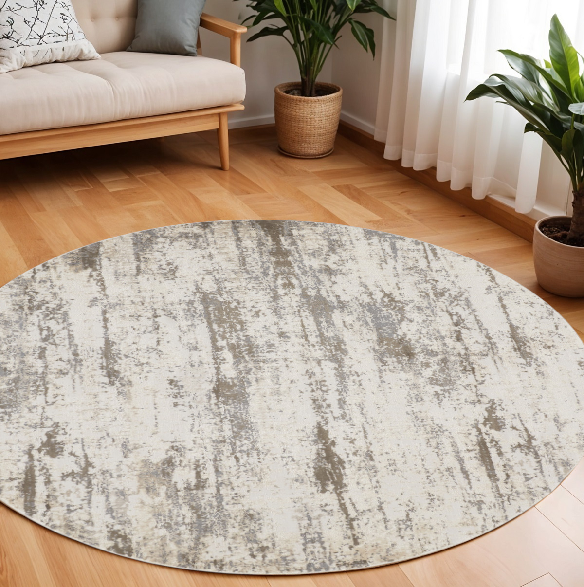 8" Brown and Ivory Abstract Non Skid Round Rug