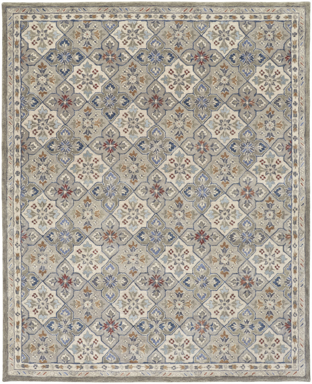 9' X 12' Taupe Ivory And Red Wool Patchwork Tufted Handmade Stain Resistant Area Rug-514801-1