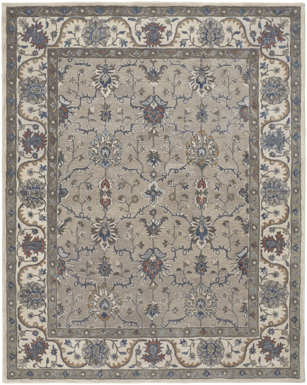 5 X 8 Taupe Ivory And Blue Wool Floral Tufted Handmade Stain Resistant Area Rug