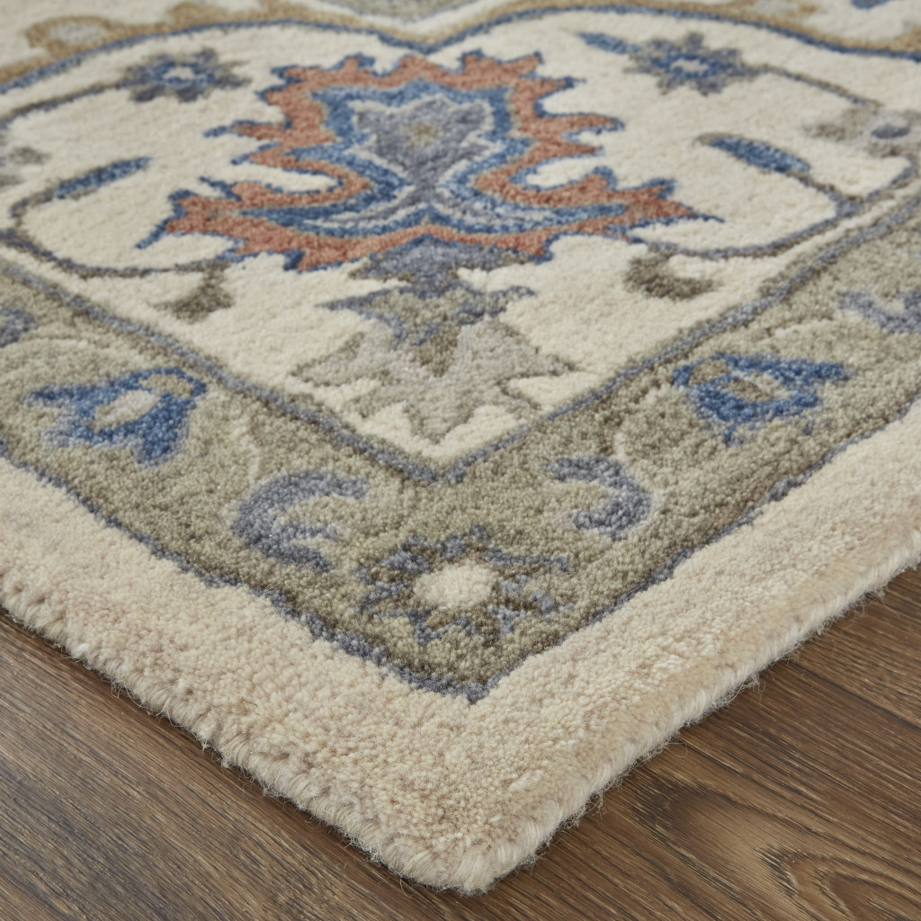 5 X 8 Taupe Ivory And Blue Wool Floral Tufted Handmade Stain Resistant Area Rug