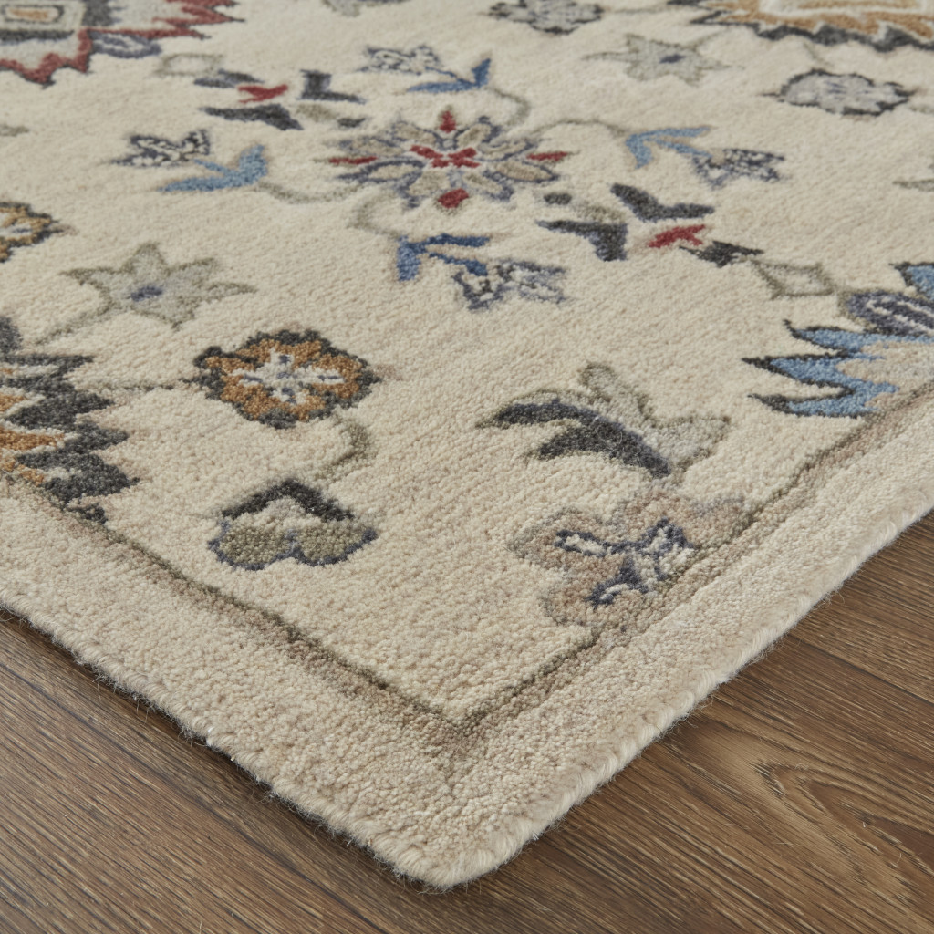 4 X 6 Ivory Blue And Tan Wool Floral Tufted Handmade Stain Resistant Area Rug