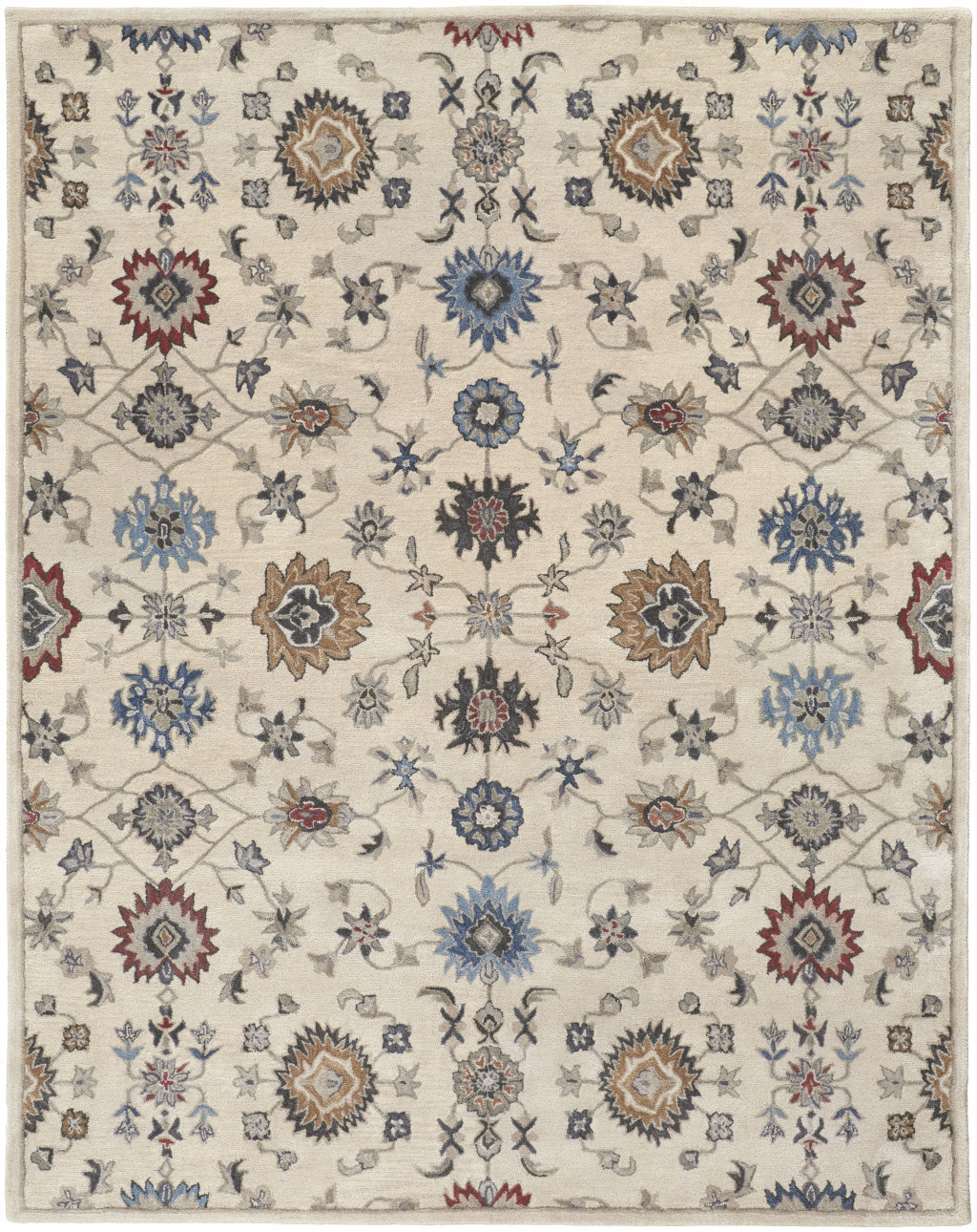 8 X 10 Ivory Blue And Tan Wool Floral Tufted Handmade Stain Resistant Area Rug