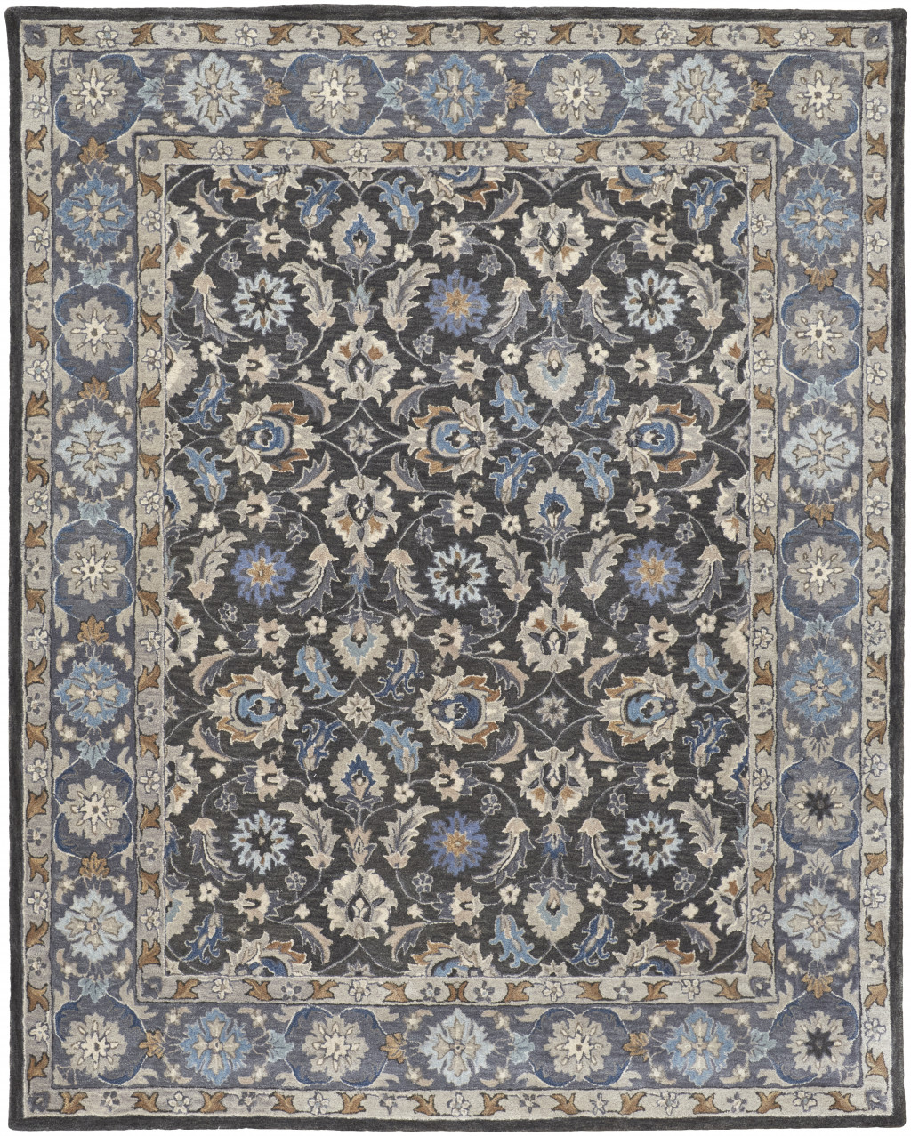 9 X 12 Taupe Blue And Ivory Wool Floral Tufted Handmade Stain Resistant Area Rug