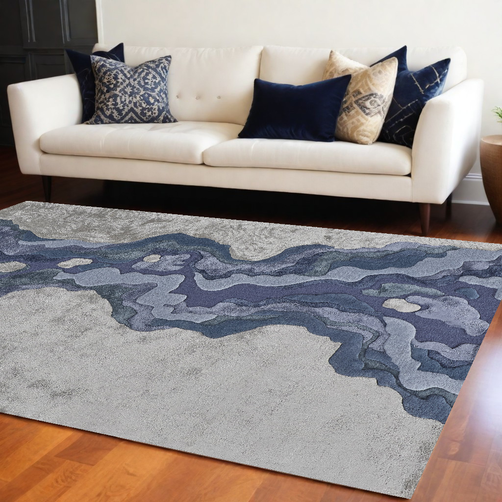 Blue Rug Abstract Pattern 9' X 12' Blue and Gray Wool Abstract Hand Tufted Area Rug