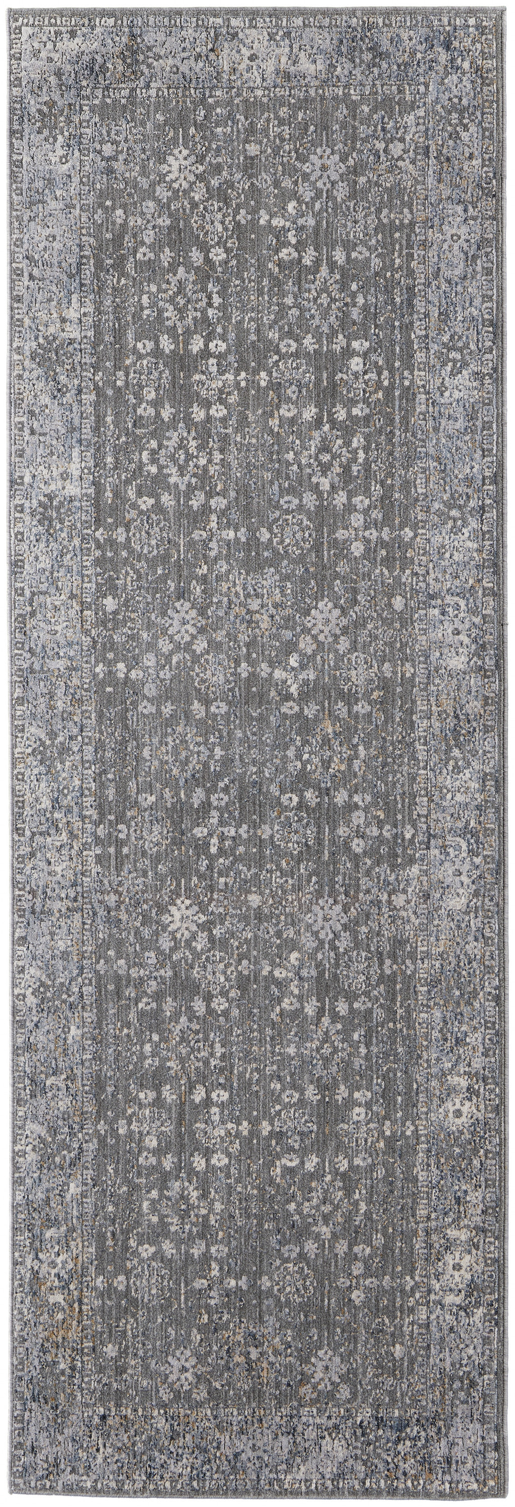 8' Taupe Gray And Orange Floral Power Loom Runner Rug-514886-1