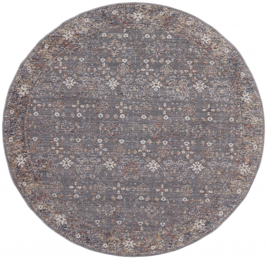 6' Gray Pink And Red Round Floral Power Loom Area Rug-514891-1