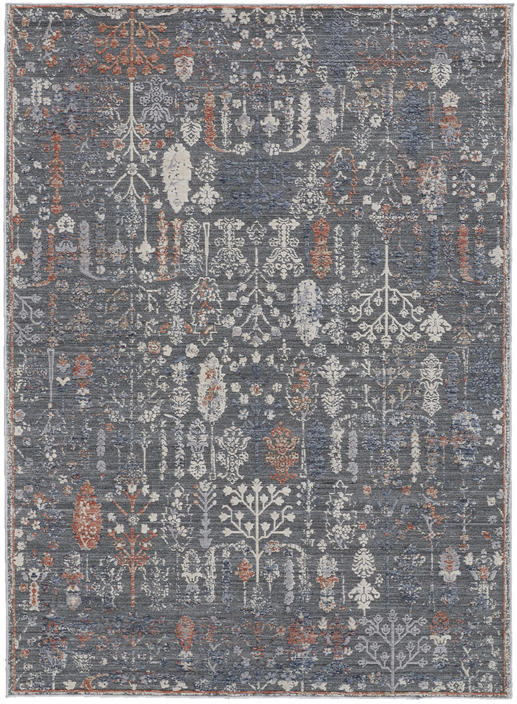 9' X 13' Gray Ivory And Orange Floral Power Loom Area Rug-514897-1