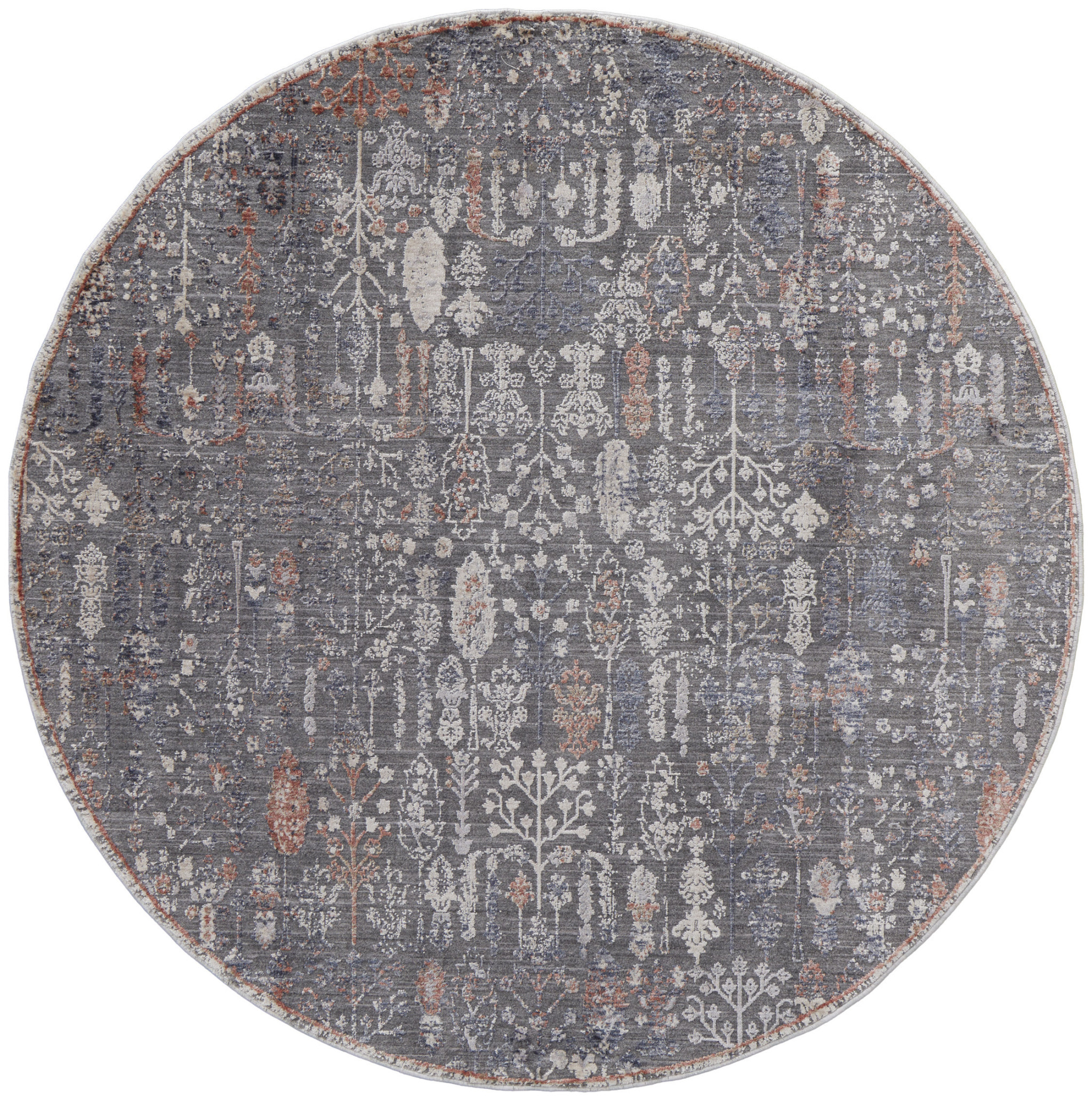 6' Gray Ivory And Orange Round Floral Power Loom Area Rug-514899-1