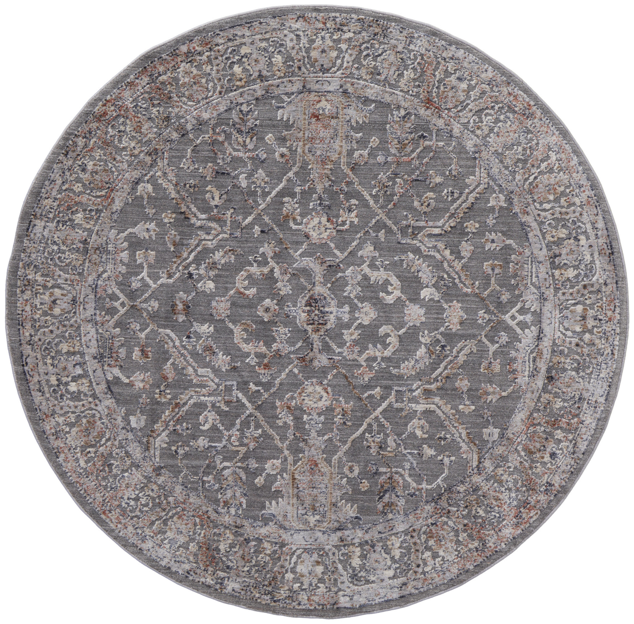 6' Gray Taupe And Pink Round Floral Power Loom Area Rug-514906-1