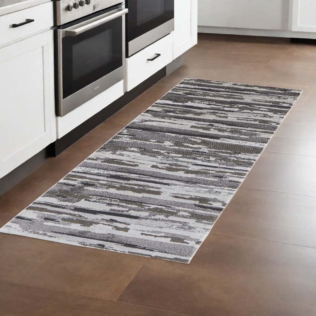 8" Runner Gray and Ivory Abstract Power Loom Distressed Runner Rug