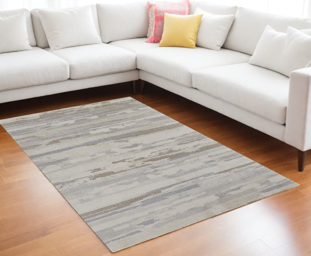 10" X 14" Brown and Ivory Abstract Power Loom Distressed Area Rug