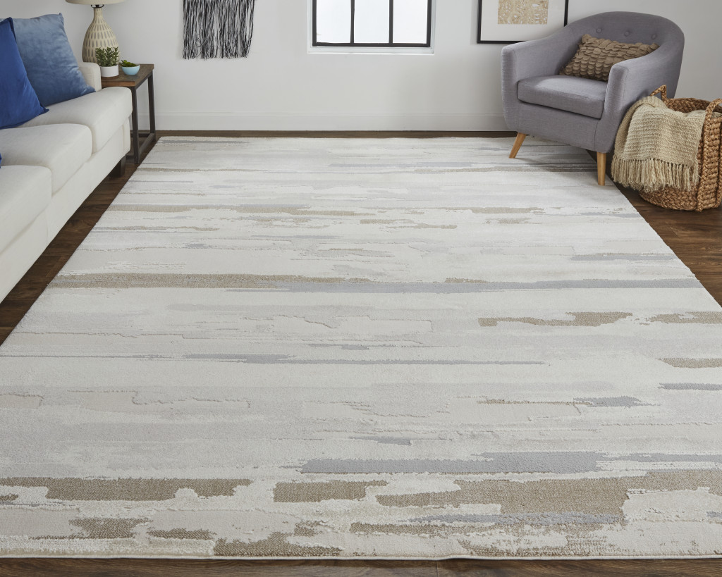 10" X 14" Brown and Ivory Abstract Power Loom Distressed Area Rug