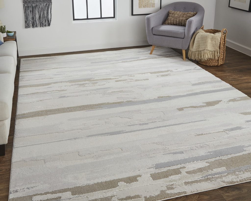10" X 14" Brown and Ivory Abstract Power Loom Distressed Area Rug