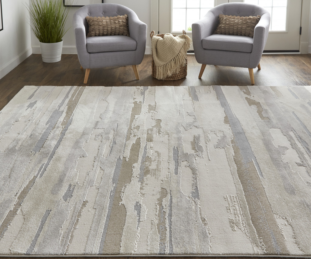 10" X 14" Brown and Ivory Abstract Power Loom Distressed Area Rug