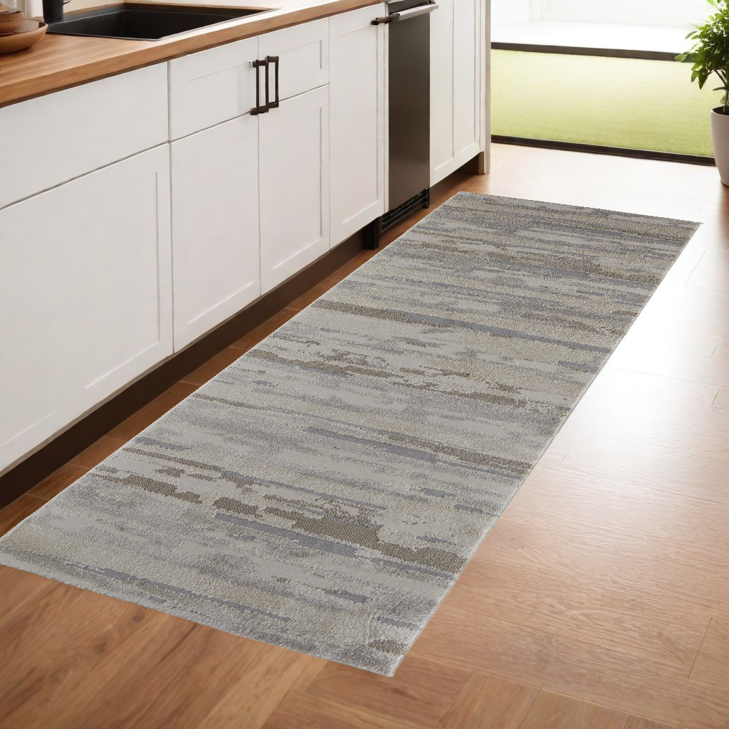 8" Runner Brown and Ivory Abstract Power Loom Distressed Runner Rug