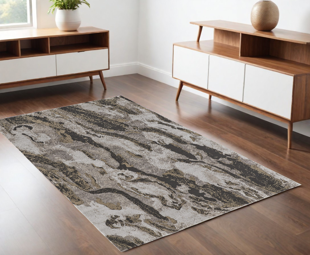 4" X 6" Brown and Ivory Abstract Power Loom Distressed Area Rug